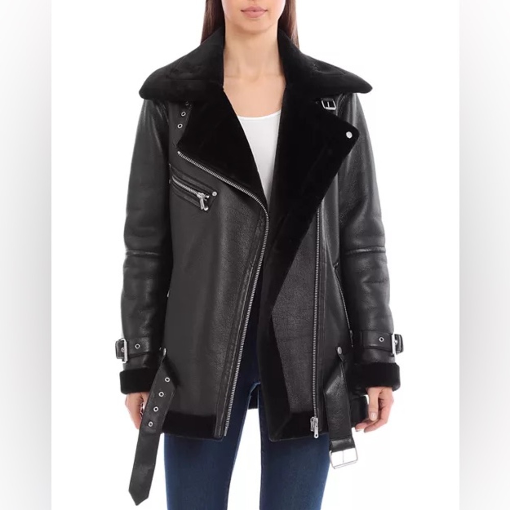 Avec Les Filles XS Faux Leather Shearling Moto Jacket‎ Black Oversized Biker